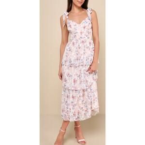 NWT LULUS MEDIUM Flirtatious Radiance Blush Pink Floral Bustier Midi Dress (k23)